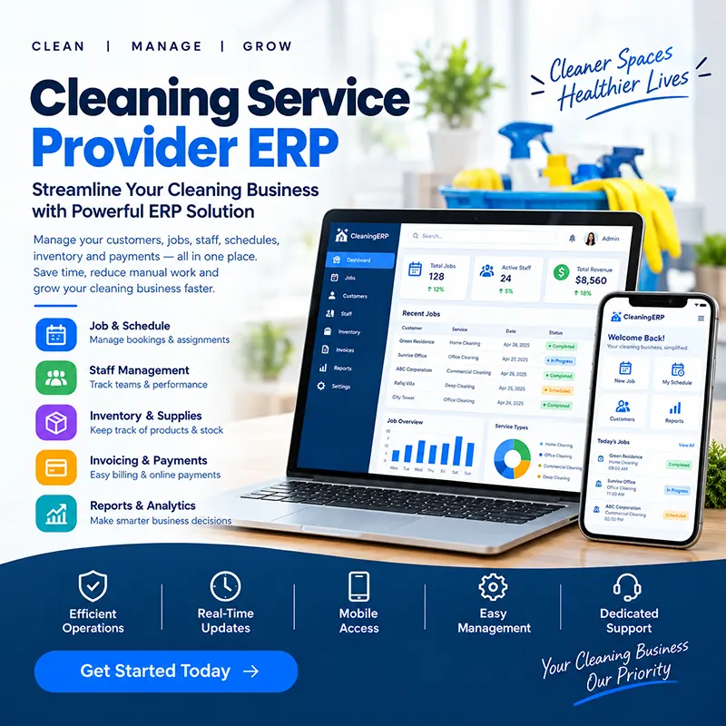 Cleaning Service Provider ERP dashboard on a laptop and mobile app showing jobs, staff, customers and reports
