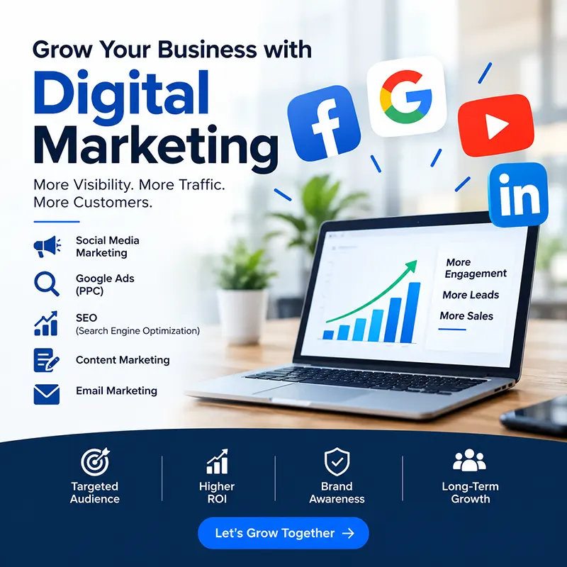 Digital marketing services in Bangladesh: social media, Google Ads, SEO and analytics growth chart on a laptop