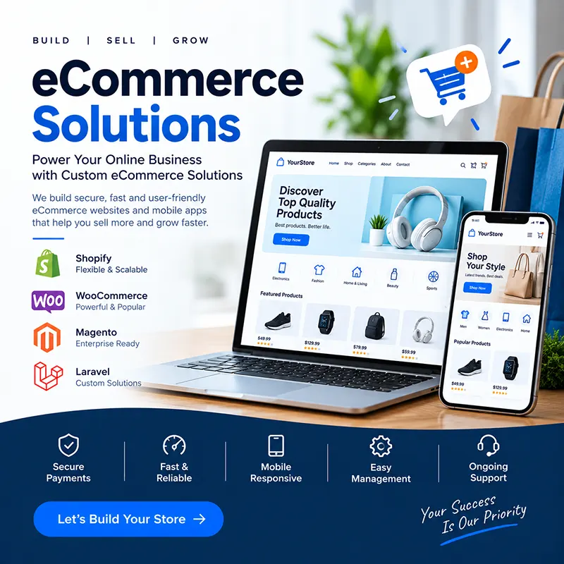 eCommerce solutions in Bangladesh: online store shown on a laptop and mobile phone with featured products