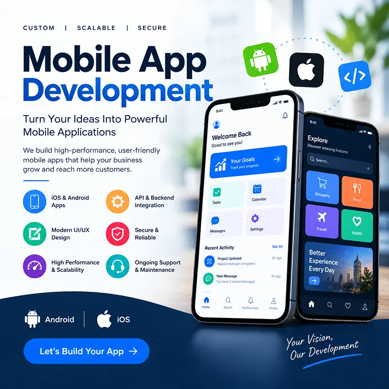 Mobile app development in Bangladesh: Android and iOS apps shown on two smartphones