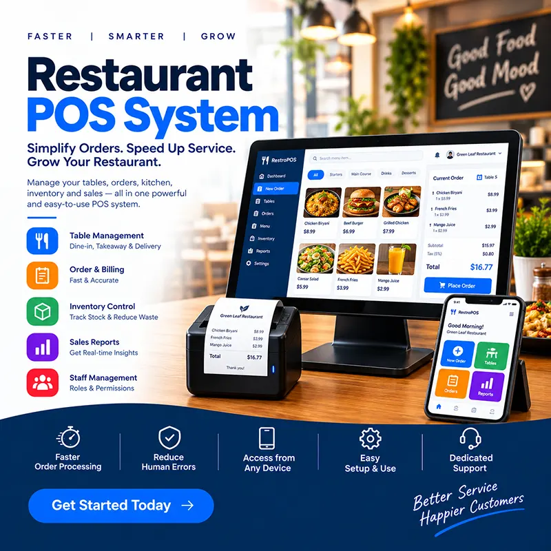 Restaurant POS software in Bangladesh: Dine-In, Takeaway, Pick-Up and Delivery orders on a restaurant POS screen